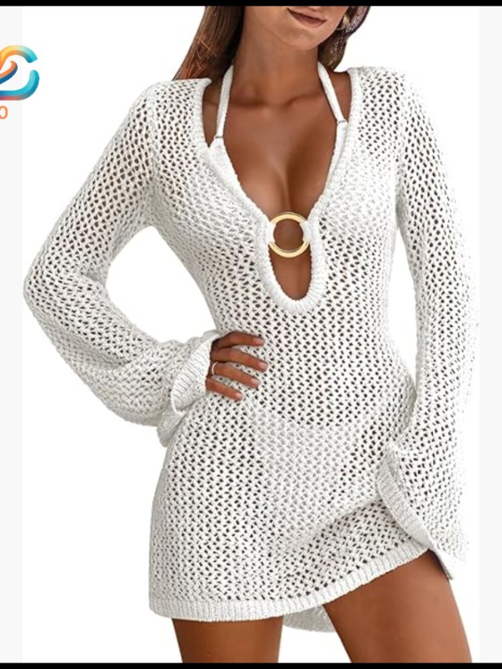 Crochet Mesh Cover Up Dress, Acrylic Knit Beach Swimsuit, Sleeveless Round Neck